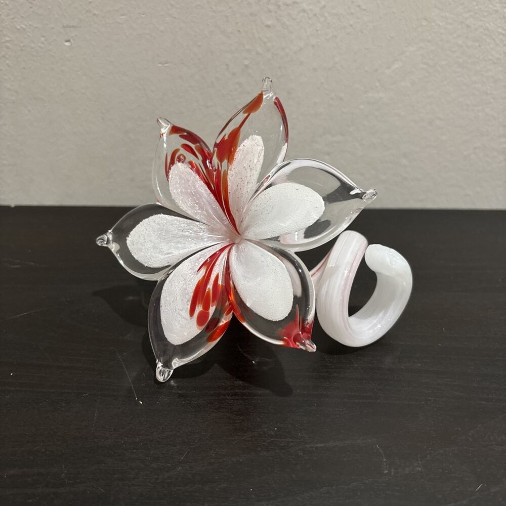 VTG MURANO Art Glass Flower Paperweight Red & White w Silver Sparkle Spiral Stem